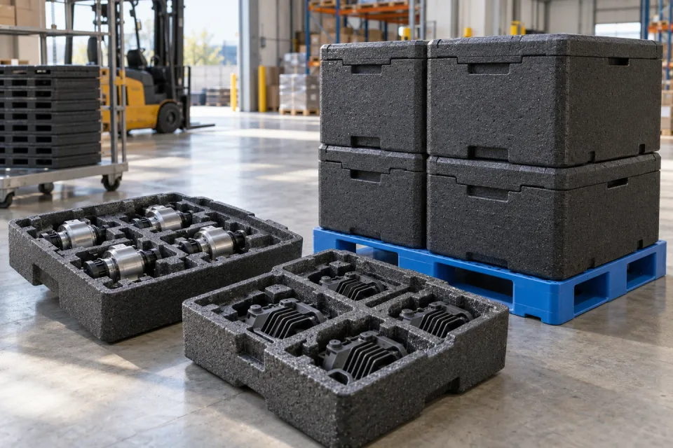 Moulded foam trays holding industrial components beside stacked transport boxes on a warehouse pallet