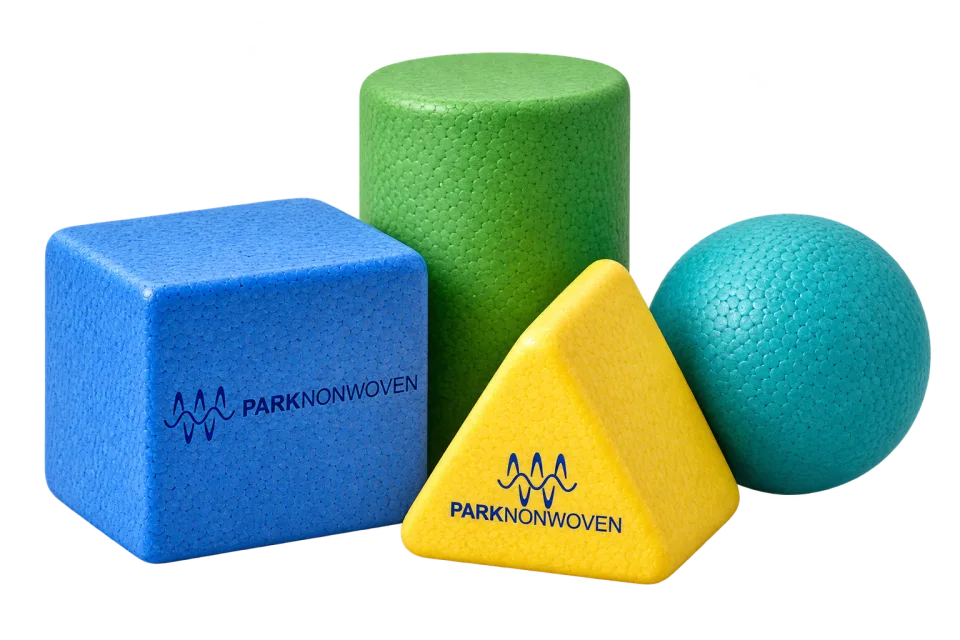 Illustrative educational toy shapes product render with PARK Nonwoven branding