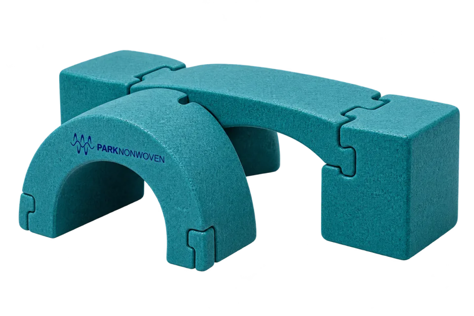 Illustrative modular foam play forms product render with PARK Nonwoven branding